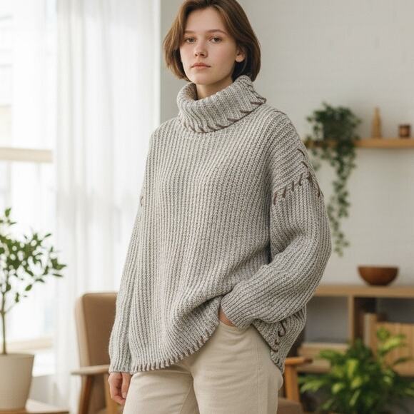 Vintage Y2K Chunky Knit Sweater XL Beige Cream Ribbed Turtleneck Cottage Cabin - Picture 1 of 13